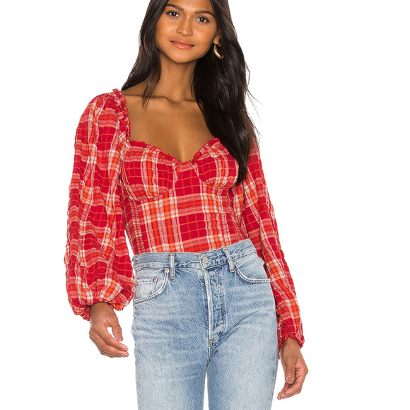 Free People Tops - Free People Cherry Bomb Top Plaid Smocked Cropped Balloon Sleeve L
